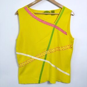 Prima Bella Artsy Ribbed Knit Tank Top Womens Size‎ XL Yellow Ribbon Applique